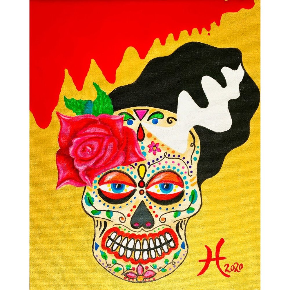 Sugar Skull Bride - Original Wall Art Mixed Media Handmade Painting  8”x10”